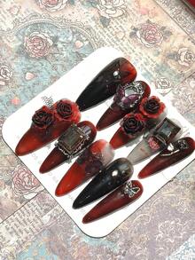 1包/10件万圣节深玫瑰方形钻石蝴蝶幻影纯手工可穿戴美甲贴片美甲用品指甲