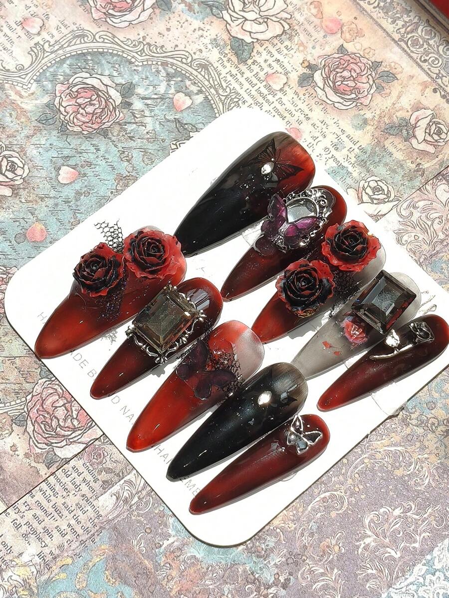 1包/10件万圣节深玫瑰方形钻石蝴蝶幻影纯手工可穿戴美甲贴片美甲用品指甲