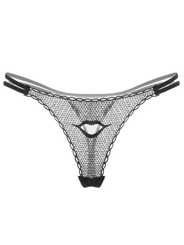 1 pièce Culotte sexy pour femmes en dentelle transparente brodée avec design de lèvres creuses, string sans entrejambe à taille basse, lingerie sexy pour la Saint-Valentin et Halloween