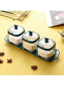 Condiment Jar With Lid And Spoon Spice Container, Clear, Green, White, Condiment Jar Seasoning Jar Salt Container Sugar Jar, Kitchen, Counter, Food Storage, 1 Tray +4 Jars, 1 Tray +3 Jars, Thanksgiving Day Gift, Harvest Festival, Family Dinner