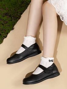Girls' Black Patent Leather Mary Janes - Classic Buckle School Shoes--Girls' Beige Patent Leather Mary Janes - Bow & Hook - Loop, Fall Season Staple,Go Back To School; Black Shoes; Girls' School Shoes; Girls' Toddler Shoes; Children's Girls' Shoes; Girl's Shoes. - 啞光黑色 - 查看 2