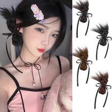 2 pezzi Parrucca sintetica integrata con fermagli, lunghezza 20cm/8 pollici, dolce e versatile, con fiocco e doppio chignon