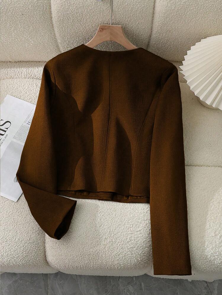 女士纯色长袖单排扣短款休闲棕色外套，薄款，春秋季 - 棕色 - 查看 3
