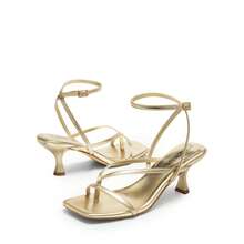 Women's Kitten Low Strappy Lace Up Heels Open Square Toe Thong Ankle Strap Heels Sexy Fashion Comfort Dress Shoes Party Sylvestra Pumps Heeled Sandals - 金色 - 查看 6
