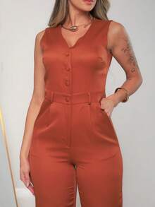 Women's Tailored Jumpsuit With Button At The Front C3154 - Burnt Orange - View 7