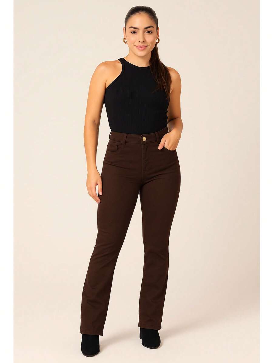 Flare Jeans Long High Waist Simple Casual Denim Zipper Pocket Button Evening Holiday Daily Autumn Winter - 咖啡棕 - 查看 1