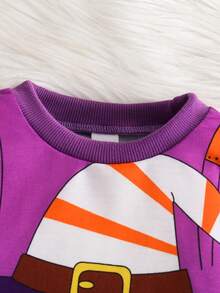 Set 2 buc. Hanorac și pantaloni cu guler rotund și mânecă lungă pentru bebeluși băieți, cu imprimeu de dovleac și liliac, potrivit pentru toamnă - Mov Mov - Vizualizare 4