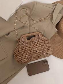 时尚草编包，女士小众时尚编织森林风链条单肩包，休闲百搭斜挎包，适合外出、约会、购物、送礼、通勤等各种场合 - 卡其色 - 查看 9