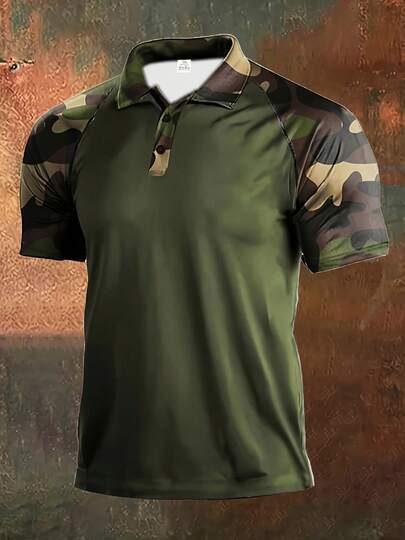 Tricou de golf/polo pentru bărbați, mărime mare, cu imprimeu camuflaj și mânecă raglan, potrivit pentru sporturi în aer liber, naveta și ținute casual