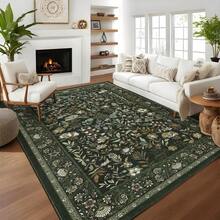 Botanical Printed Area Rug Vintage Floral Rug Washable Area Rug Stain Resistant Non-Slip Foldable Interior Decorative Rug For Bedroom Farmhouse Apartment Dining Room Laundry Room - Xanh đậm - Xem 3