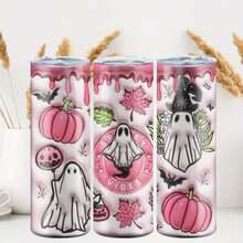 1pc 20oz Stainless Steel Insulated Tumbler, Halloween Limited Edition. Pink Halloween Ghost Pattern, Cute And Fun. Suitable For Personal Use Or Gift, Also A Must-Have Item For The Holiday. - Multicolor - View 2