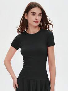 1 Piece Of Women's Solid Color Round Neck T-Shirt, Gym Clothing, Women's Sportswear, Indoor And Outdoor Casual Sportswear, Fitness Clothing, Workspace Clothing, Sportswear - 黑色 - 查看 3
