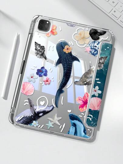 The Beautiful And Cute Cartoon Marine Element Animals, Sharks, Whales, Shells, Flowers, Double-Sided Painted Acrylic Transparent Crystal Back Cover, Shockproof, Suitable For IPad 7th Generation, 8th Generation (10.2 Inches), 10th Generation. It Has A Built-In Pen Slot And Supports Sleep And Wake-Up Functions/Multiple Folding Stand Methods. These Are Festival Gifts And New Year Gifts