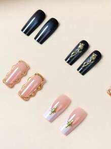 24 件 Y2k 风格指甲中长方形按压指甲白色法式尖头亮面全覆盖假指甲 3D 金属玫瑰和星星假指甲适合女士和女孩 - 包括指甲锉和果冻胶