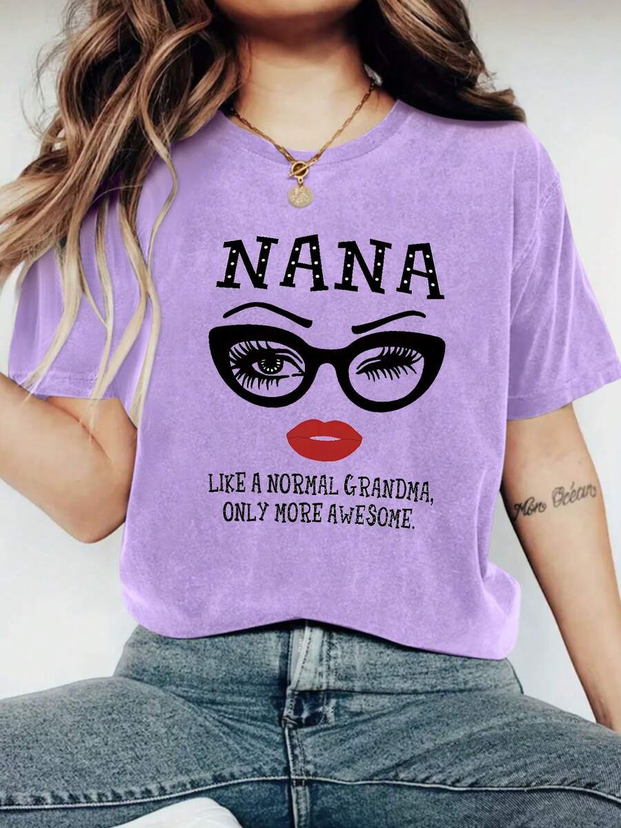 Chic 'Nana' Letter Print Tee - Effortless Style, Comfy Crew Neck, Short Sleeve - Versatile Women's Top For Casual Outings And Everyday Wear - 紫色 - 查看 1