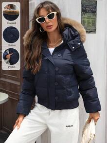 Winterjacke für Damen mit Kapuze, Fellkragen, Reißverschluss, Wattierung und Verdickung, warme Oberbekleidung