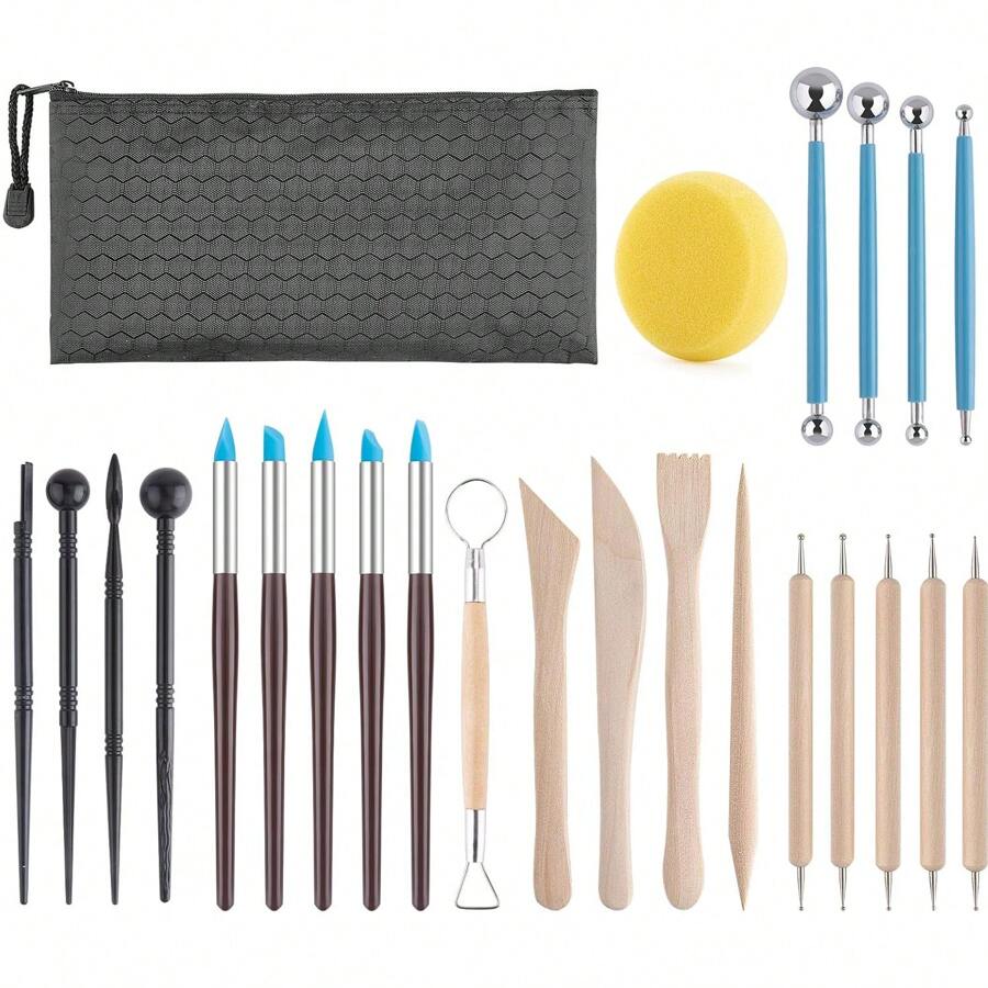 25pcs Air-Dry Clay Modeling Tool Kit Set, Suitable For Adults, Ceramic Polymer Clay Sculpting Pottery Tools, Pottery Crafts, Embellishment, Baking, Carving, Painting, Shaping, Molding