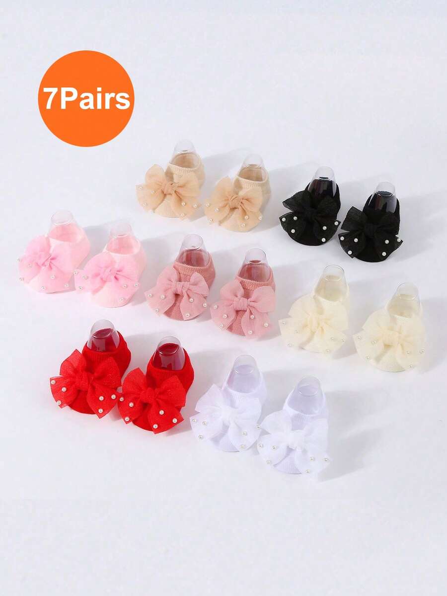 7pcs/12pcs Baby Bow Boat Socks, 3D Infant Anti-Slip Crawling Socks - Multicolor - View 1