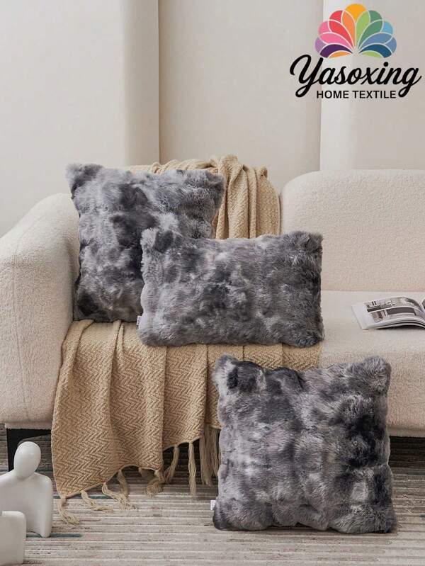 1pc Fall Dark Gray Tie Dye Decorative Faux Rabbit Fur Cushion Cover Without Filler, Modern Flannelette  Fuzzy Plush Throw Pillow Cover Zipper Closure For Home, For Sofa, Living Room