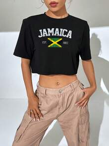 Jamaica Flag Print Casual Crop Top, Crew Neck Short Sleeve Loose T-Shirt For Spring & Summer, Women's Clothing - 黑色 - 查看 1