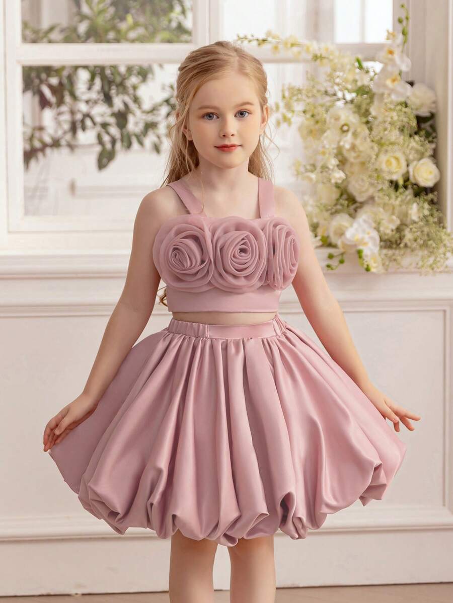 2pcs/Set Young Girl Floral Embroidered Pink Spaghetti Strap Dress, Elegant Princess Style Outfit Suitable For Birthday Party, Wedding, School Performance, Holiday Occasions
