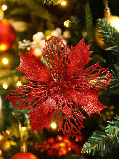 2pcs/6pcs/10pcs Glitter Poinsettia Artificial Flowers, Multi-Color Hollow Glitter Poinsettia Christmas Tree Ornaments (With Clips), Xmas Decorations, Holiday Supplies, Christmas Tree, Wreath, Shiny Poinsettia Christmas Ornaments, DIY Christmas Wreath, Party Decor,Christmas