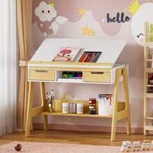 FXLTSBL Children's Desk Made Of Solid Pine Wood, Natural/White - Desk With Tilt-Adjustable Tabletop, Beautiful Youth Desk With 2 Drawers - Khaki - View 6