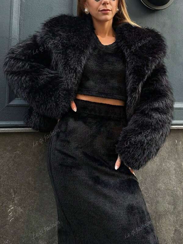 Women's Casual Solid Color Turndown Collar Long Sleeve Warm Faux Fur Jacket, Autumn/Winter