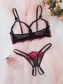 2pcs/Set Fuchsia Embroidered Lace Trim Hollow-Out Floral Bralette Lingerie Set, Sexy Open Crotch Pants, Classic & Seductive Sleepwear Set For Women - Hot Pink - View 3