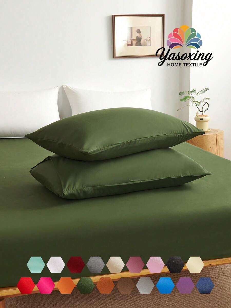 2pcs Green Super Soft Plain Pillowcase Lightweight Bedding Envelope Closure Solid Color Bed Pillow Cover, For Bedroom Dormitory Bedding Back School Bedding - Army Green - View 1
