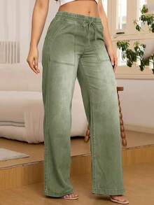 8433# Women's Fashion Versatile Denim Jeans With Back Pockets & Drawstring Elastic Waist, Straight Leg Wide Leg - Army Green - View 4