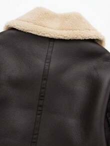 Camellia Winter New Short Warm Double-Sided Motorcycle Jacket, Women's Brown Faux Leather Shearling Collar Coat - Coffee Brown - View 11
