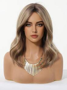 20 英寸长波浪渐变棕色合成假发中分浅金色长卷发假发，适合女士日常派对角色扮演假发、度假旅行家庭派对日常穿着、母亲节礼物、开斋节礼物 - 棕色 - 查看 4