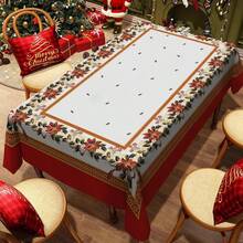 1pc Rectangular Tablecloth, Classic Red & Green Christmas Theme With Pine Branch & Berry Print, Suitable For Daily Family Gatherings, Living Room & Dining Room, Christmas Events, Durable Polyester Tablecloth, Stain Resistant