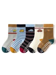 5 双儿童防滑卡通汽车条纹橡胶圆点地板袜，幼儿男童女童宝宝软底室内休闲中筒袜，适合日常穿着 - 彩色 - 查看 7