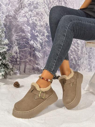 卡其色女士户外保暖雪地靴，厚底防滑，2025时尚百搭厚底方头踝靴，防水厚底户外雪地鞋