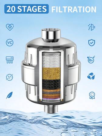 Filtre de douche à 20 étages, filtre de pomme de douche, filtre de douche à main, réduit la sécheresse de la peau, les démangeaisons, les pellicules, l'eczéma et améliore considérablement l'état de la peau, des cheveux et des ongles. Décoration de salle de bain à la maison