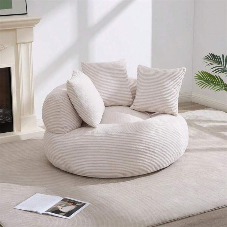 46.65-Inch Round Leisure Recliner, For Indoor Use, No Assembly Required. It Is A Corduroy Sponge Single Sofa, Suitable For Reading And Yoga. A Modern, Fluffy Sleep Sofa Bed In White,Grey (With Soft Corduroy Fabric). - 白色 - 查看 1