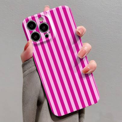 1pc Pink Light Pink Minimalist Striped Pattern Perforated Glossy Faux Leather Fashion Full Coverage Hard Phone Case Compatible With IPhone 11/12/13/14/15/16 Pro Max Waterproof Shockproof Anti-Fall Scratch Resistant Spring Gift,International Version, Not The Domestic Version