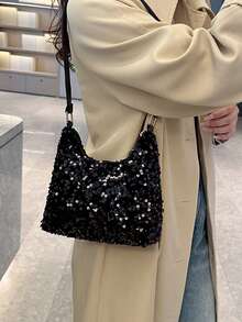 今年最流行的手提包，女士新款时尚韩版亮片托特包，迷你方形单肩包 - 黑色 - 查看 5