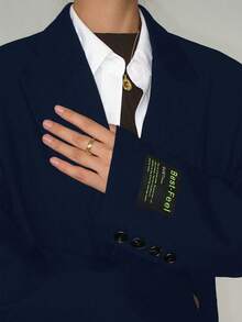 Women's Navy Blue Casual Loose Blazer Jacket With Letter Print, Suitable For Banquet, Wedding, Festival, Party, Women's Halloween, Christmas Outfits And More Occasions