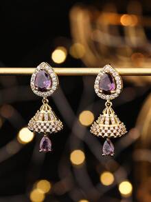 1 par de lujosos pendientes de cobre con forma de lágrima y circonita cúbica, un elegante y versátil jhumki con borlas, ideal para uso diario, festivales, bodas y fiestas. Ideal como regalo de joyería. - multicolor - Ver 9