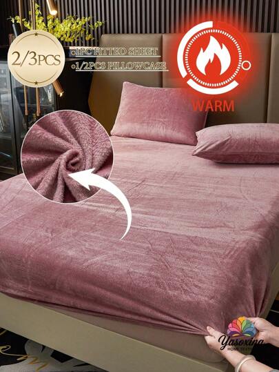 2/3 件浅紫色天鹅绒床笠套装温暖柔软纯色毛绒床笠套装特大号双人床尺寸，奢华超柔软舒适床单，带 11.8 英寸深口袋，适合秋冬和春季 1 件床笠 + 1/2 件枕套宿舍床上用品返校床上用品