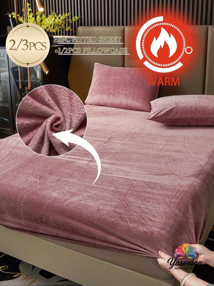 2/3 件浅紫色天鹅绒床笠套装温暖柔软纯色毛绒床笠套装特大号双人床尺寸，奢华超柔软舒适床单，带 11.8 英寸深口袋，适合秋冬和春季 1 件床笠 + 1/2 件枕套宿舍床上用品返校床上用品 - 藕粉色 - 查看 1