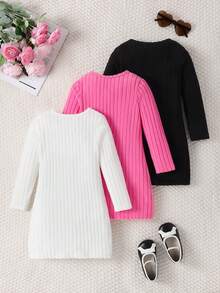 3pcs/Set Young Girls' Solid Color Ribbed Minimalist Elegant Dress - 玫紅色 - 查看 2