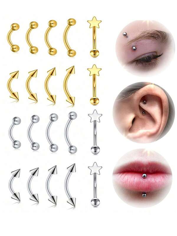 6 Stücke Augenbrauen-Piercing-Schmuck aus Edelstahl 16G gebogener Barbell, winziger Augenbrauen-Ring, Niet-Stern, vertikaler Labret, Lippen-Schmuck, Ohr-Rook, Helix, Conch, Daith für Frauen und Männer 6mm/8mm/10mm/12mm Barbell