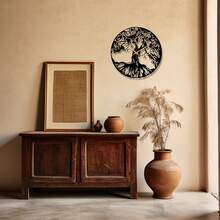 Tree Of Life Metal Wall Clock, Black Large Wall Clock, Silent Mid Century Wall Clock, Tree Clock, Modern Living Room Clock, Horloge Murale] Chic Metal Wall Wall Sculpture Detailed Cutout Metal Wall Decor Metal Tree Wall Decor Metal Wall Decor With Birds - 黑色 - 查看 1