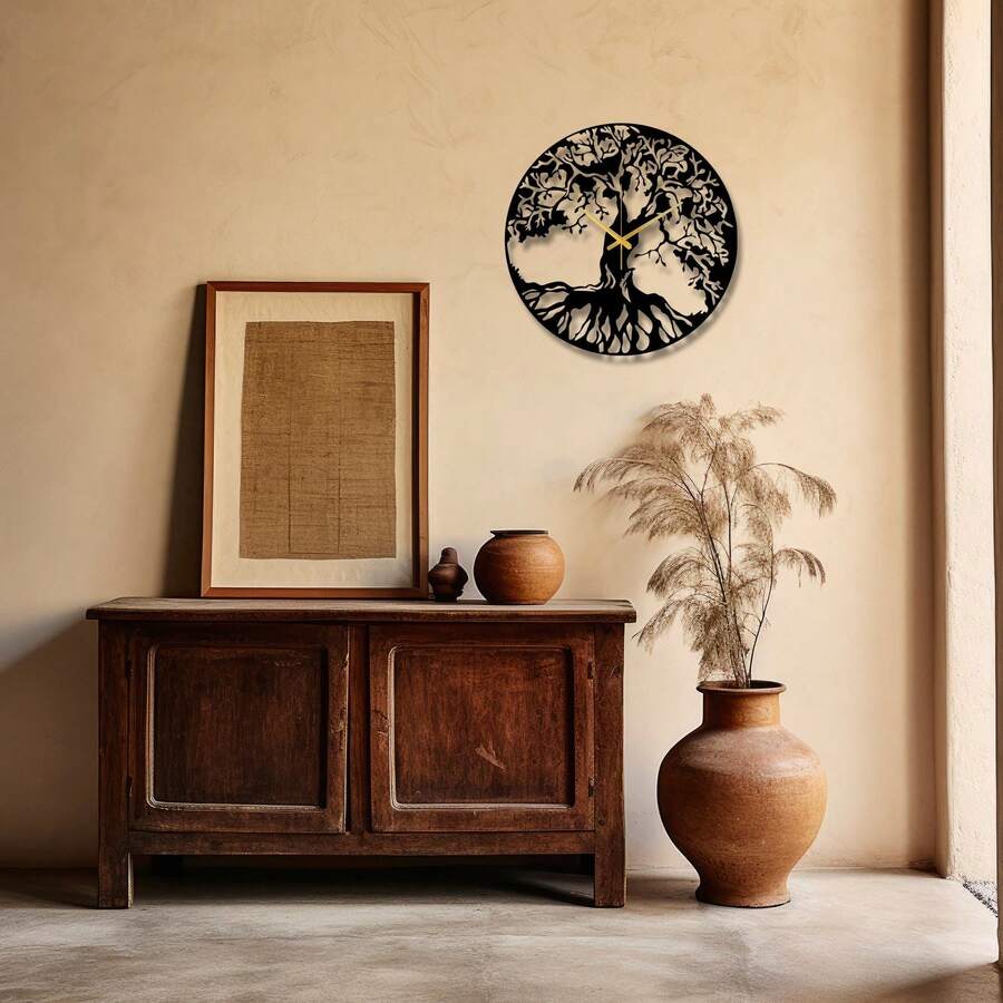 Tree Of Life Metal Wall Clock, Black Large Wall Clock, Silent Mid Century Wall Clock, Tree Clock, Modern Living Room Clock, Horloge Murale] Chic Metal Wall Wall Sculpture Detailed Cutout Metal Wall Decor Metal Tree Wall Decor Metal Wall Decor With Birds - 黑色 - 查看 1