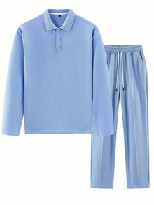2pcs Men's Long Sleeve Polo Shirt And Drawstring Pants Set, Clean, Comfortable And Breathable - Baby Blue - View 2