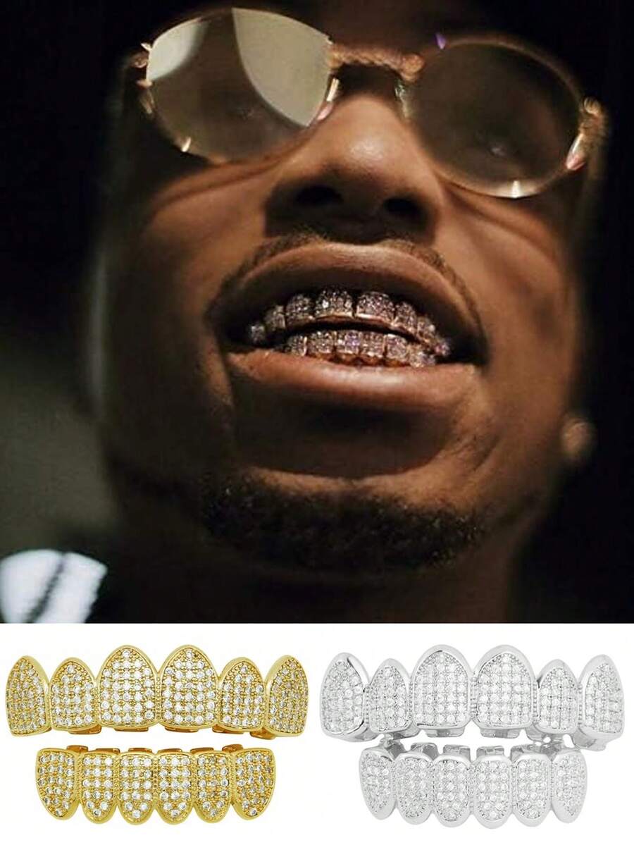 Diamond Grillz, Unisex, Răng giả mạ bạc và vàng phong cách Hip Hop, Phù hợp cho cả răng trên và răng dưới, Răng giả hóa trang cho rapper, Thích hợp cho dạ hội hóa trang, nhập vai, biểu diễn sân khấu, lễ hội hóa trang, hòa nhạc, chương trình rap, lễ hội, giải trí quán bar, hội chợ vui chơi - Nhiều màu - Xem 1